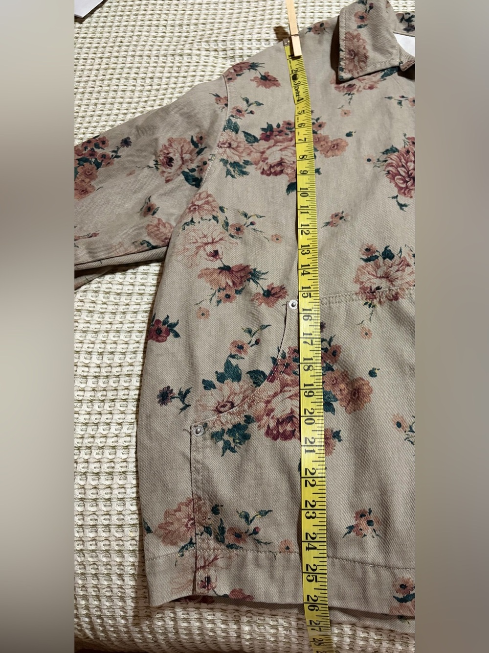 Floral Beige Jean Jacket with Pink Blossoms. 
Slightly oversized. Great for fall - Picture 9 of 11